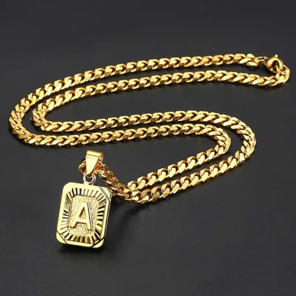Gold Stainless Steel Cuban Chain Square Capital Initial Letter Pendant Necklace