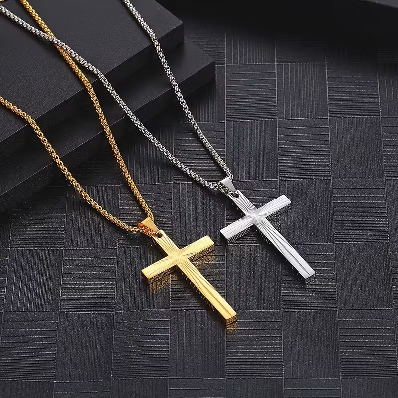 Christian Cross Pendant Necklace Sunburst Etched Chain Faith Jewelry Gift