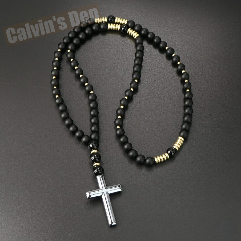 Matte Black Obsidian Polished Black Onyx Bead Cross Necklace Men Women Gift