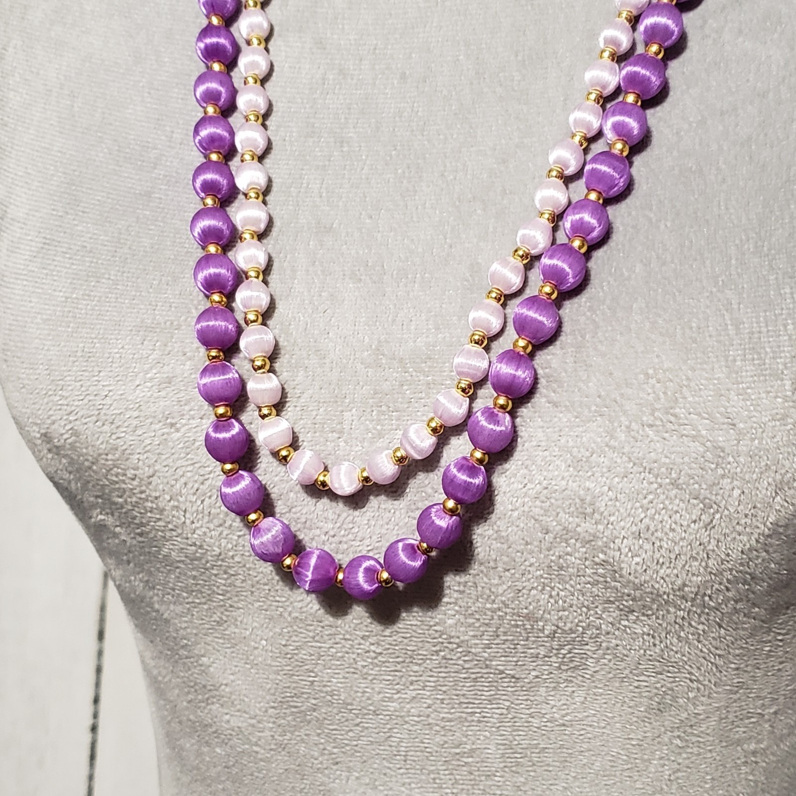 Vtg Bead Necklaces Set of 2 Purple Silk Satin Wrapped Boho Coquette Retro Fairy