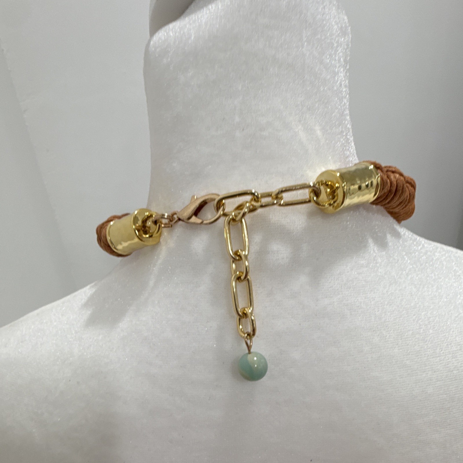 Aqua Acrylic Link Statement Necklace Brown Cord Gold Tone Cable Chain Adjustable