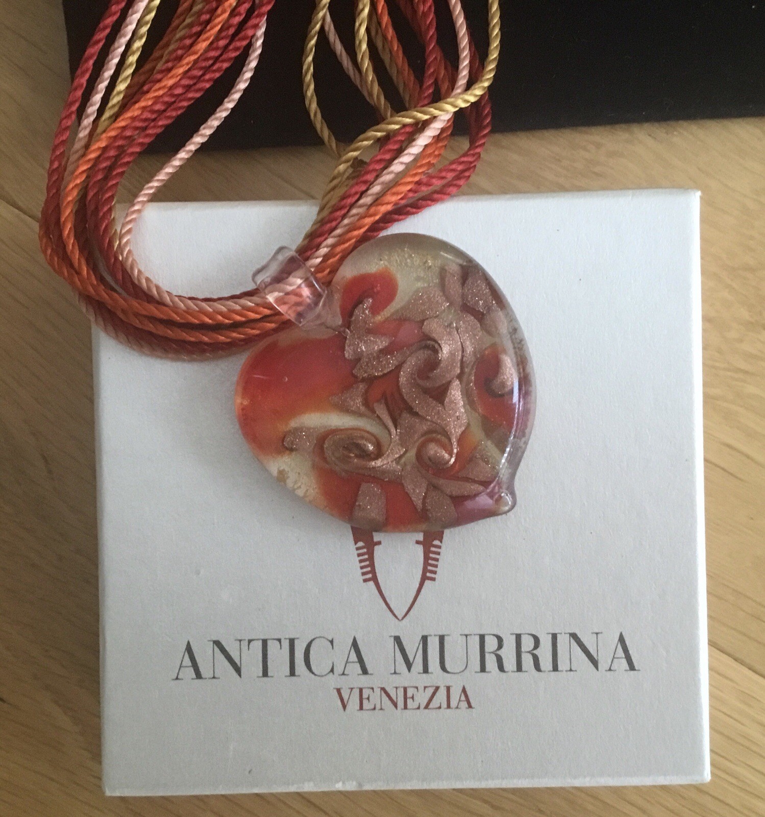 Antica Murrina Venetian Glass Heart Pendant on coloured strings,