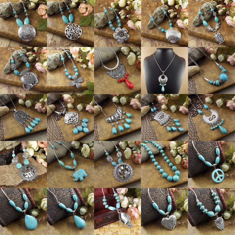 20 style Vintage Women’s Tibetan Silver Turquoise Beads String Pendant Necklace