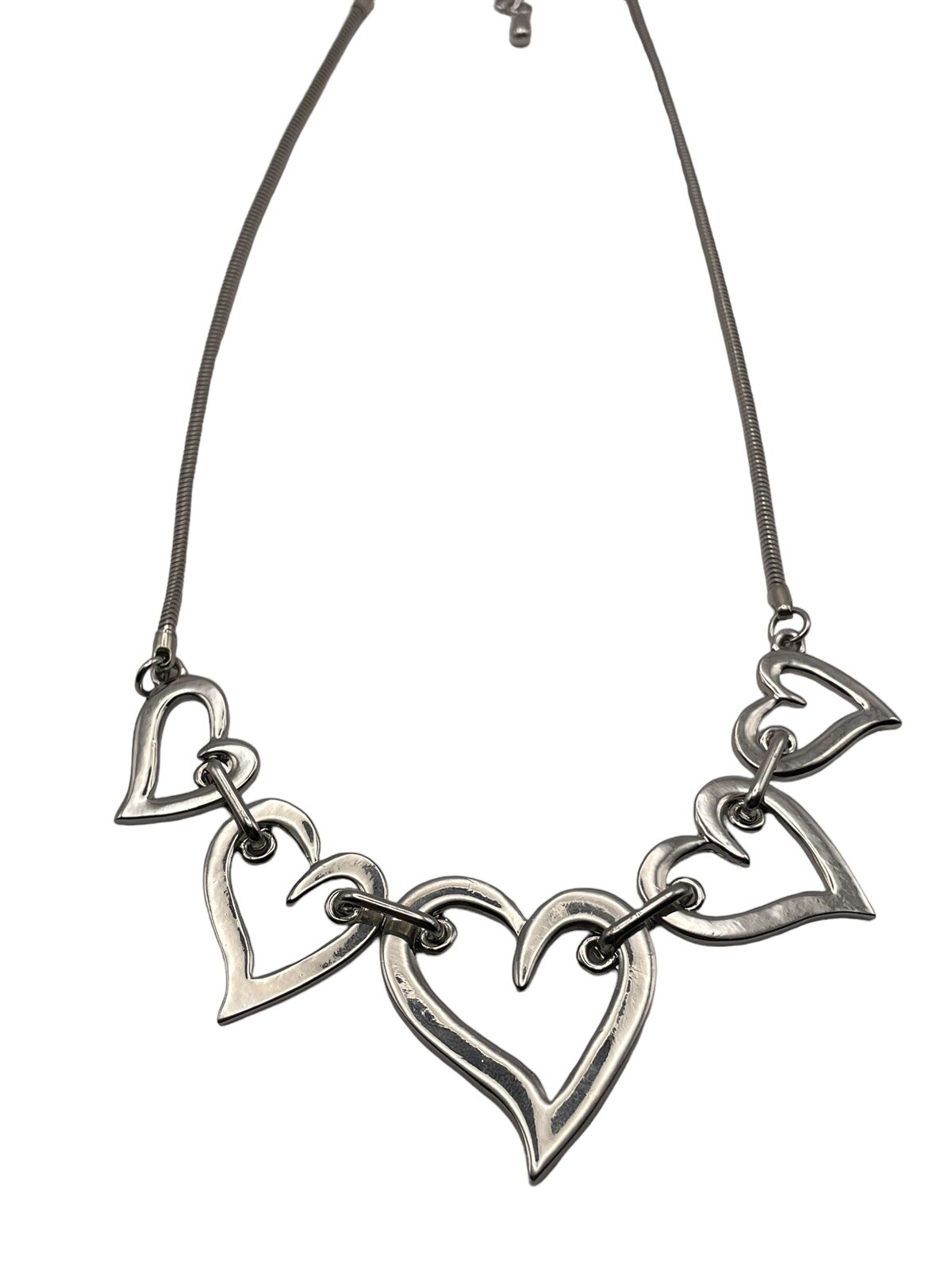 Open Heart Shiny Silver Tone Link Collar Necklace Adjustable Modern Contemporary