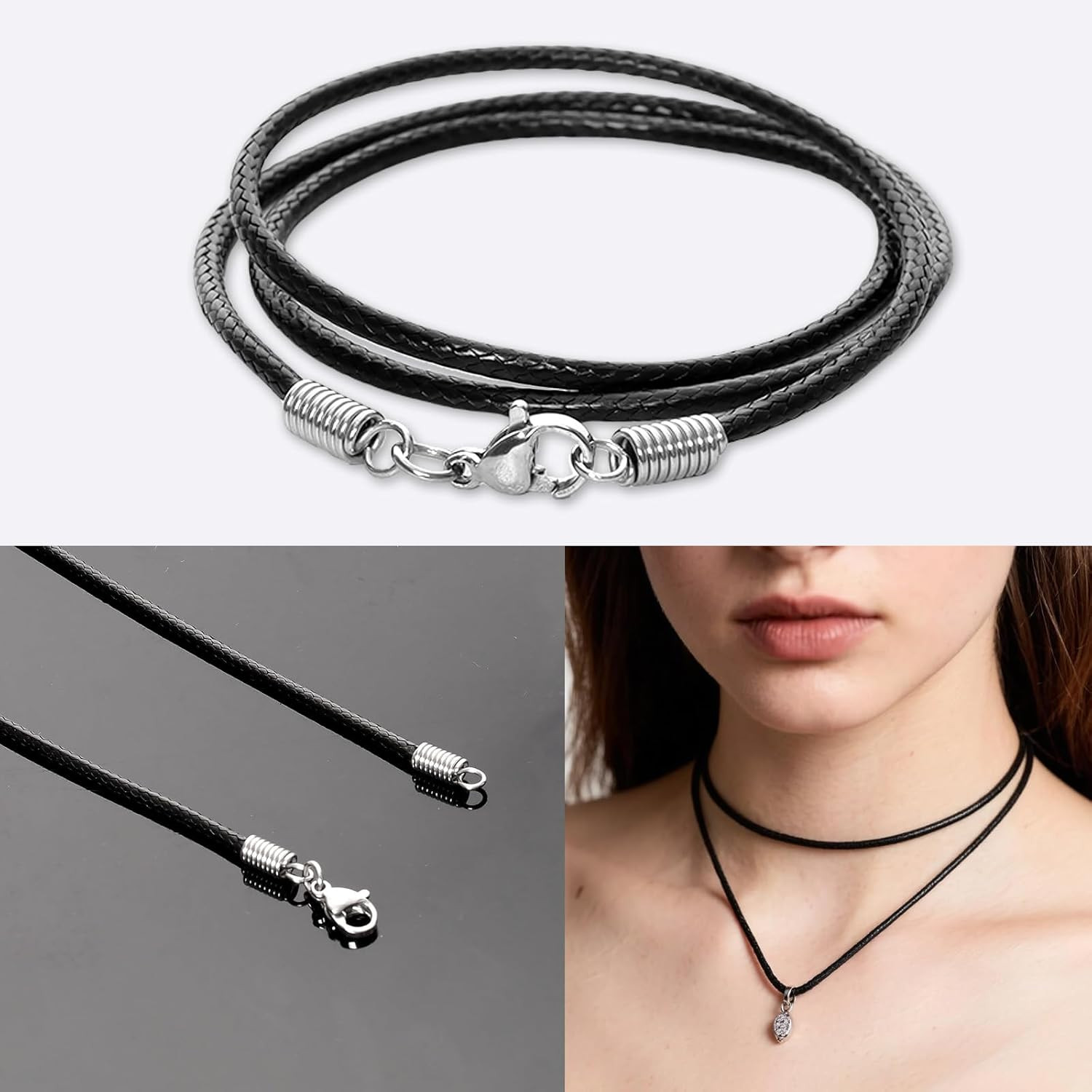 Leather Necklace Cord with Clasp Braided Wax Rope Chain for Men 24 inch Black