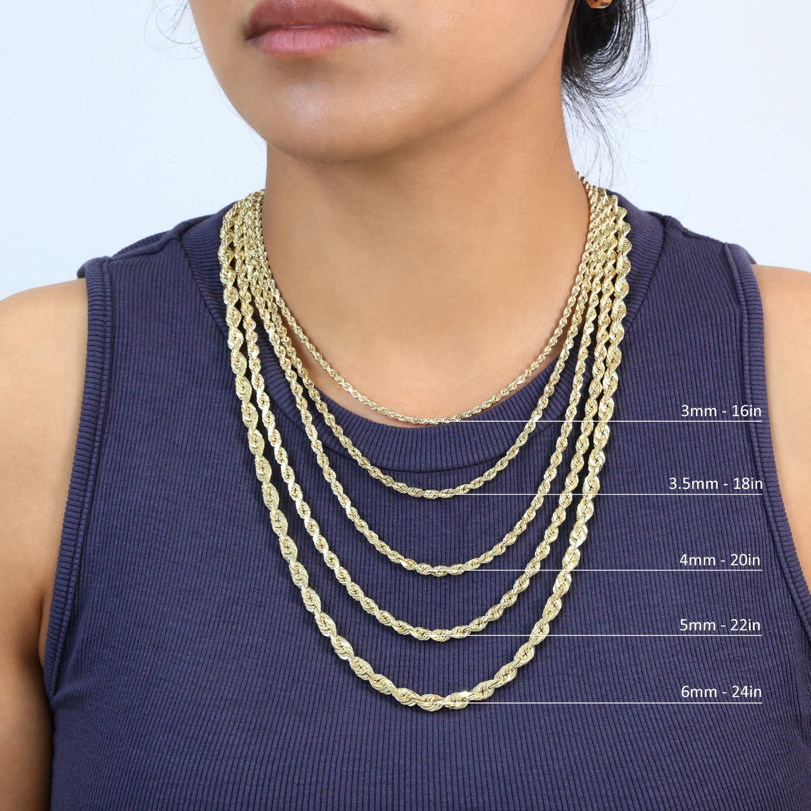 10K Yellow Gold 1mm-10mm Diamond Cut Solid Rope Chain Pendant Necklace 16″- 30″
