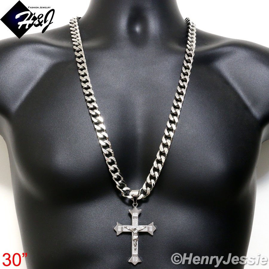 18-40″MEN Stainless Steel WIDE 11mm Silver Cuban Curb Necklace Cross Pendant*J28