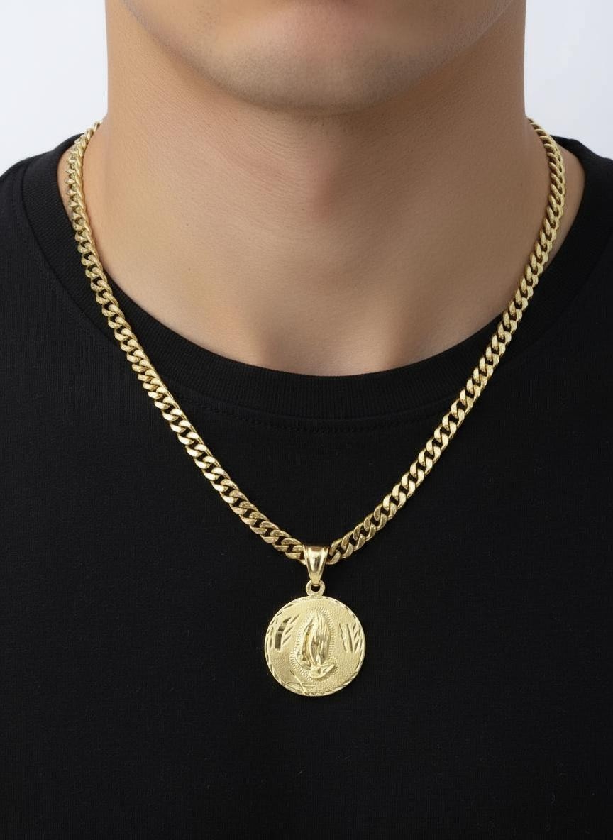Gold Praying Hands Necklace, 7mm Curb Style Chain, 14k Heavy Plated Gold