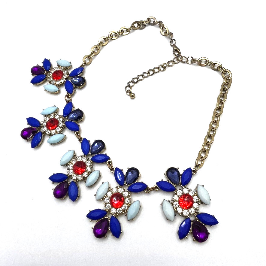 Vintage Colourful Statement Necklace Red Blue Purple Crystal 50cm Gold Tone
