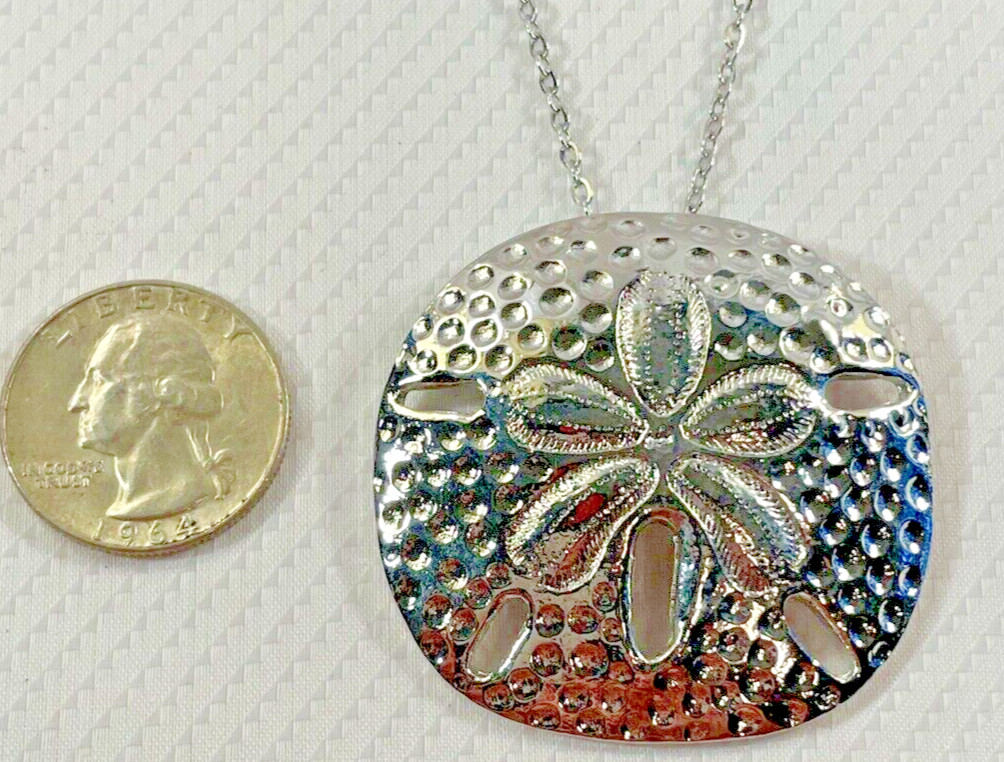 Sand Dollar LG Silver Necklace 30” Stainless Chain Coastal Sea Life Jewelry NEW
