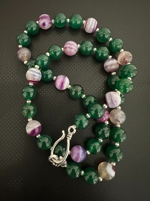 Natural Green and Purple Striped Agate 10 mm Gemstone Round Beads 22 ” Necklace.