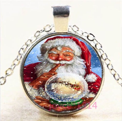 New!BONUS Santa Claus Vintage Photo Cabochon Glass Silver Chain Pendant Necklace