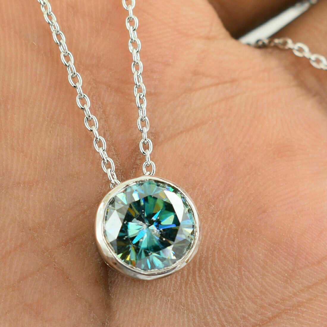 4Ct Blue Simulated Diamond Solitaire Pendant 14k White Gold Plated Silver