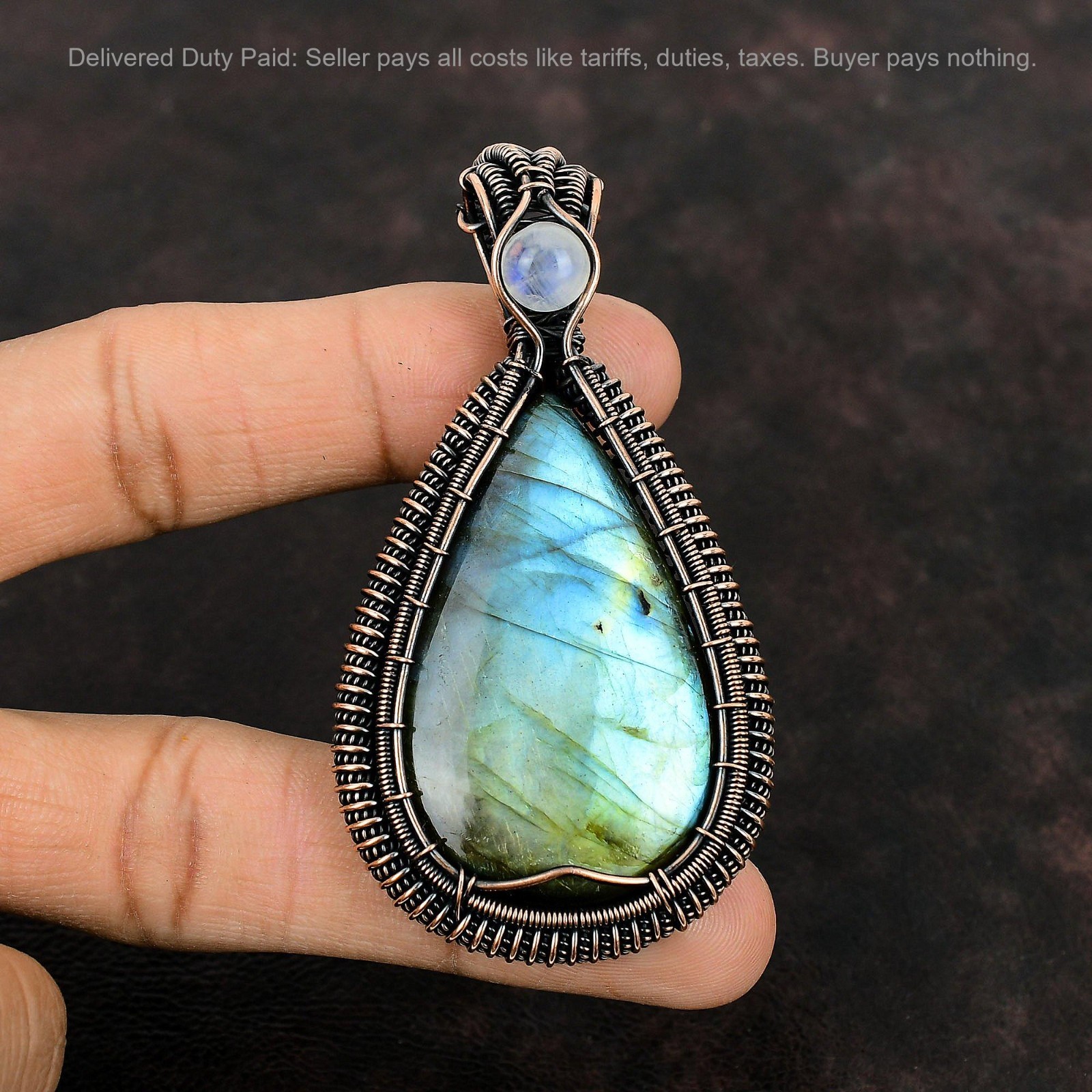 Copper Labradorite Stone Rainbow Moonstone Daughter Wedding Wire Wrapped Pendant