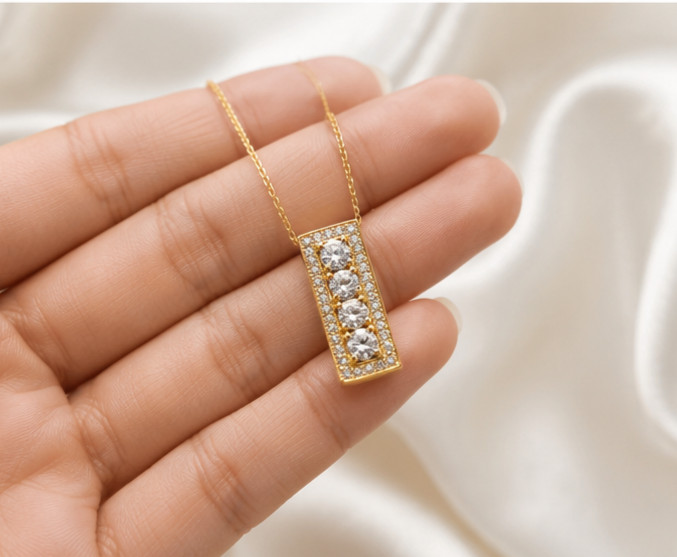 Elegant Bar Pendant Necklace – 14K Yellow Gold Plated with Simulated Diamond