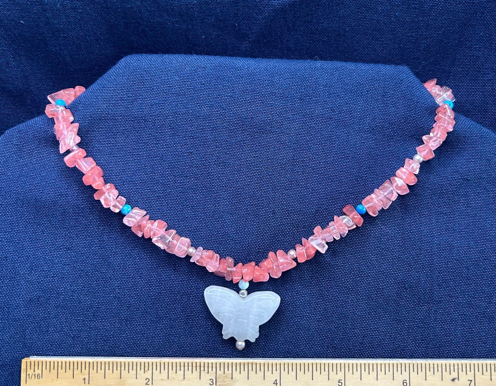 Choker Necklace, Cherry Quartz Chip Stone Chain with Butterfly Pendant
