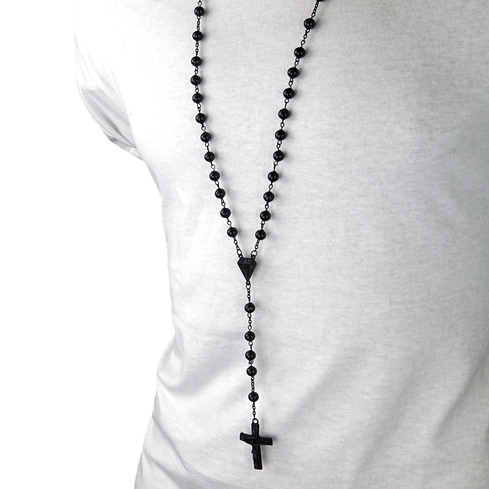 Men’s Hip Hop 8mm BLACK Beads D-Shape Rosary & Jesus Cross Necklace BK
