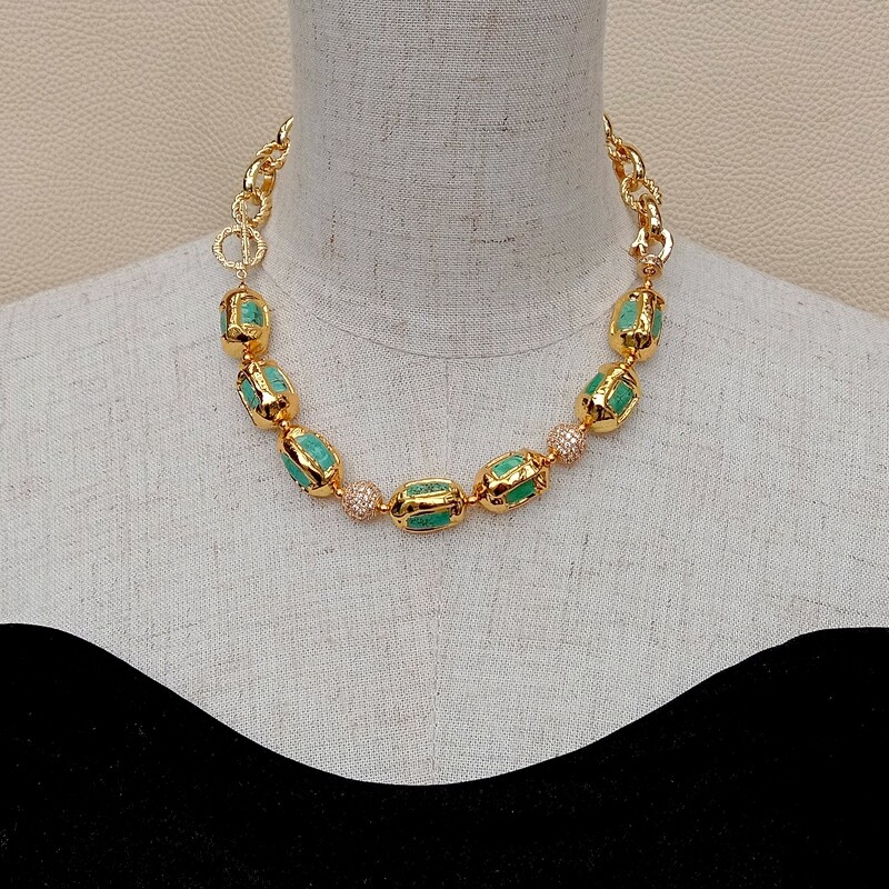 Turquoise Electroplated Edge Cz Pave Beads Gold Plated Chain Choker Necklace