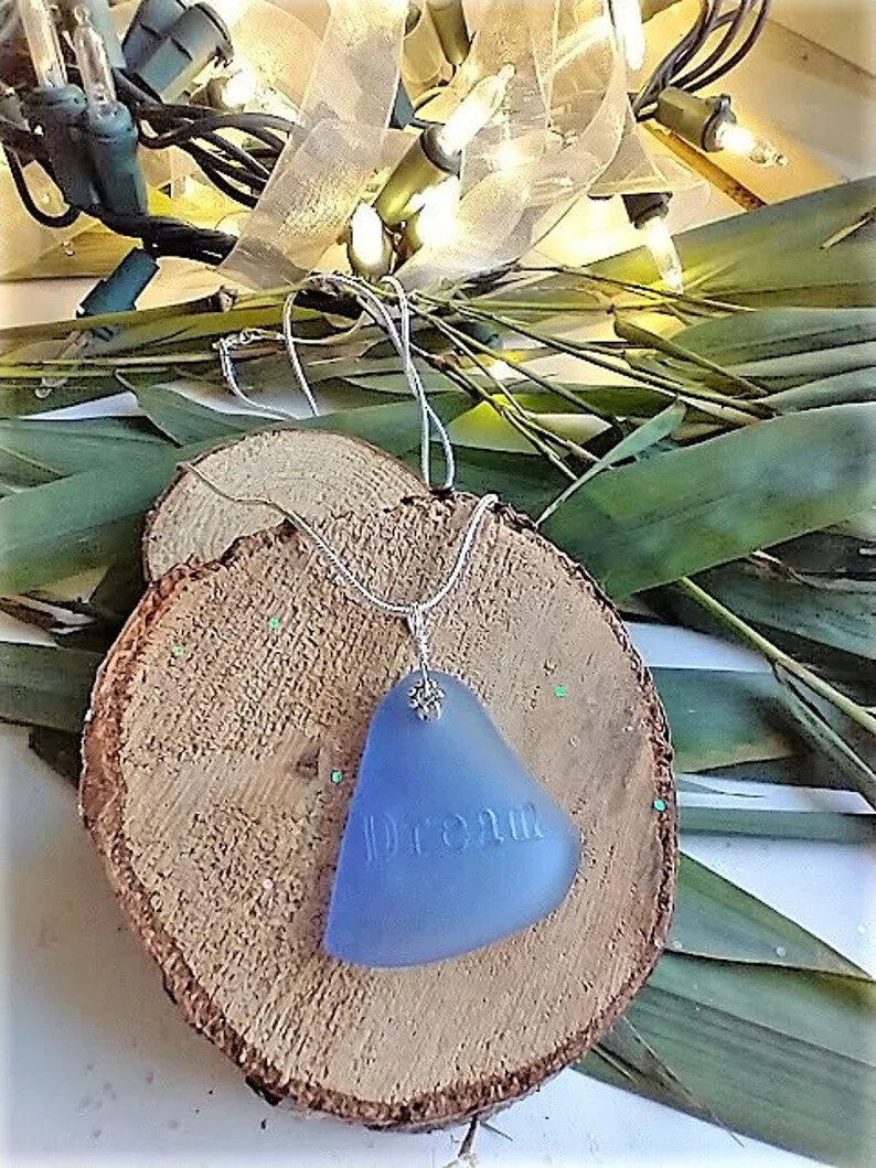 Seaglass Necklace Engraved DREAM Silver 18 inch