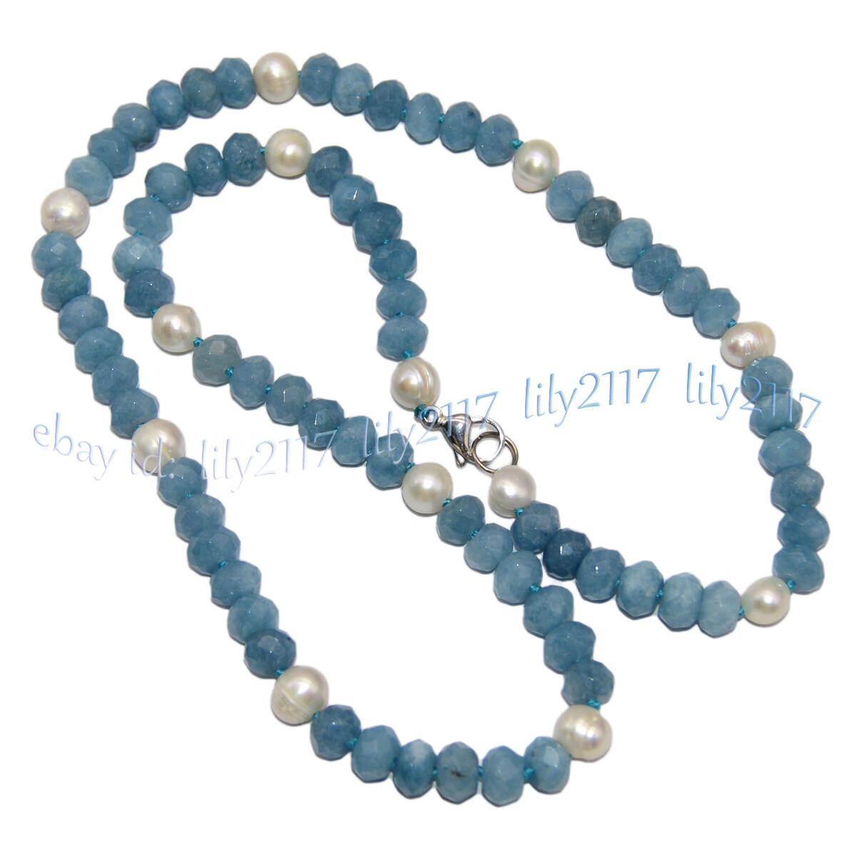 Faceted Blue Aquamarine 5x8mm Rondelle Gemstone Beads 7-8mm White Pearl Necklace