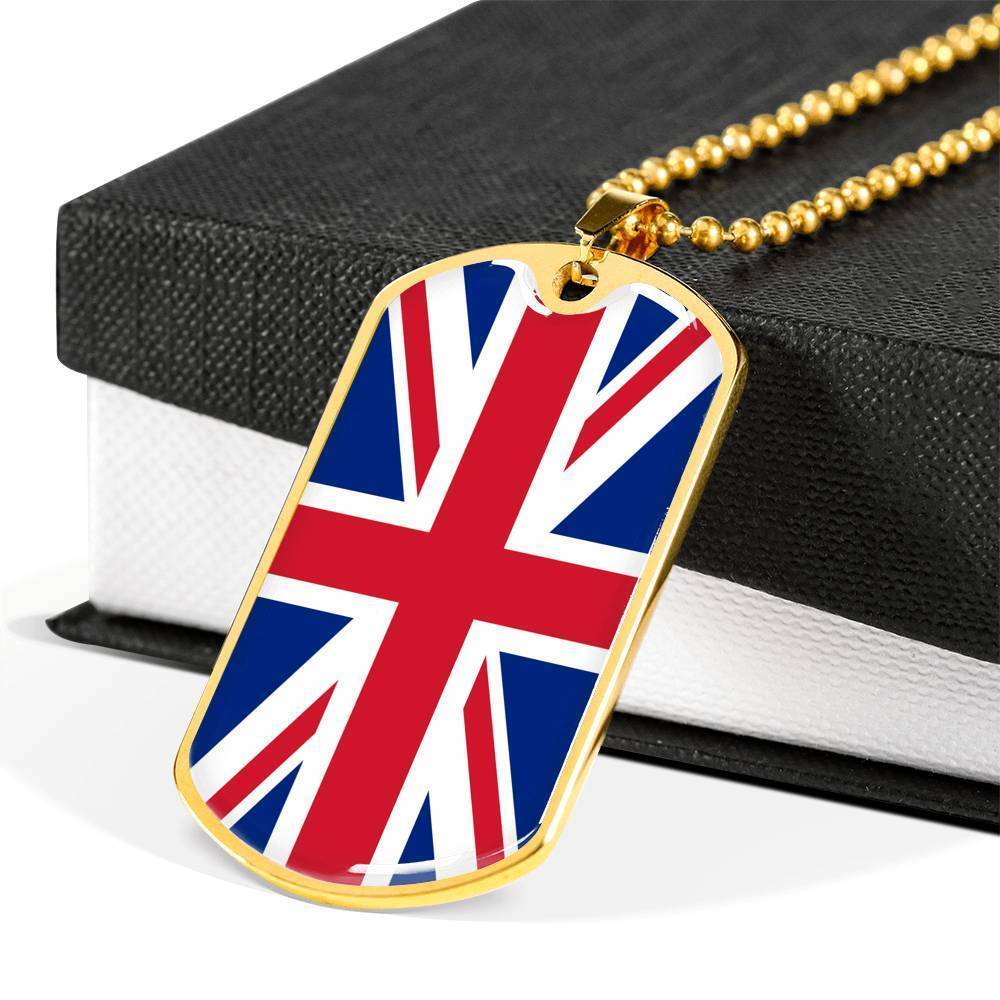United Kingdom Flag Necklace Stainless Steel or 18k Gold Dog Tag 24″