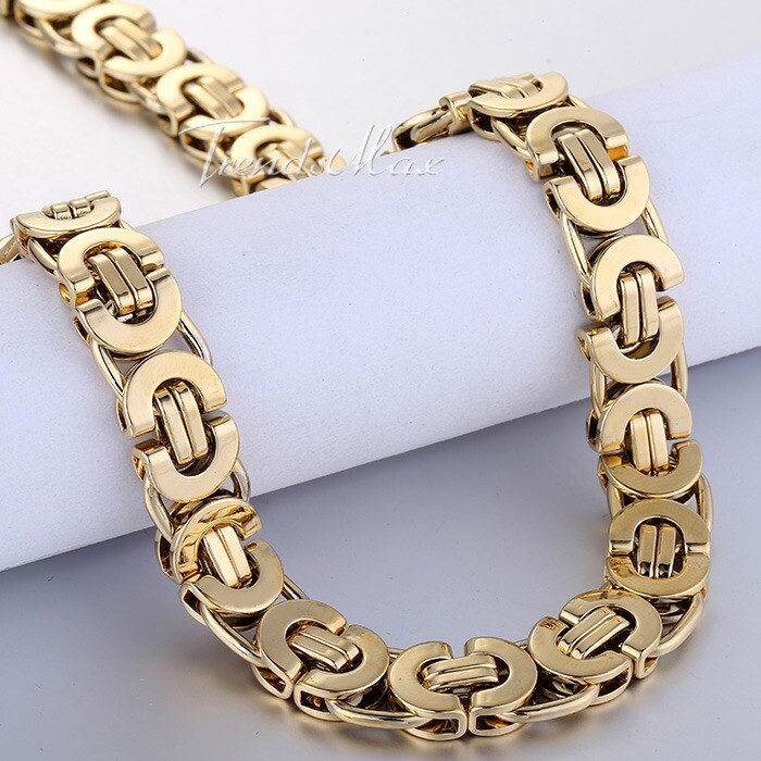 11mm Mens Boys Chain Gold Plated Flat Byzantine Stainless Steel Necklace 18-30″