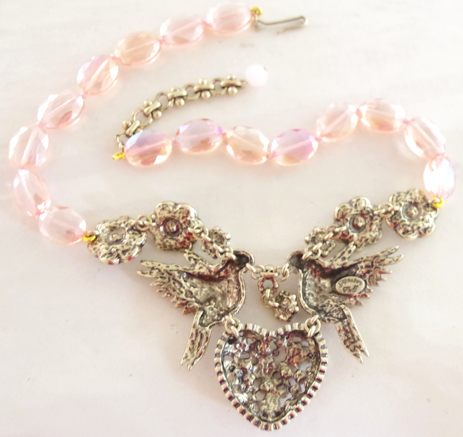 DESIGNER STYLE PINK AB CRYSTAL RHINESTONE LOVE BIRDS VALENTINE HEART NECKLACE