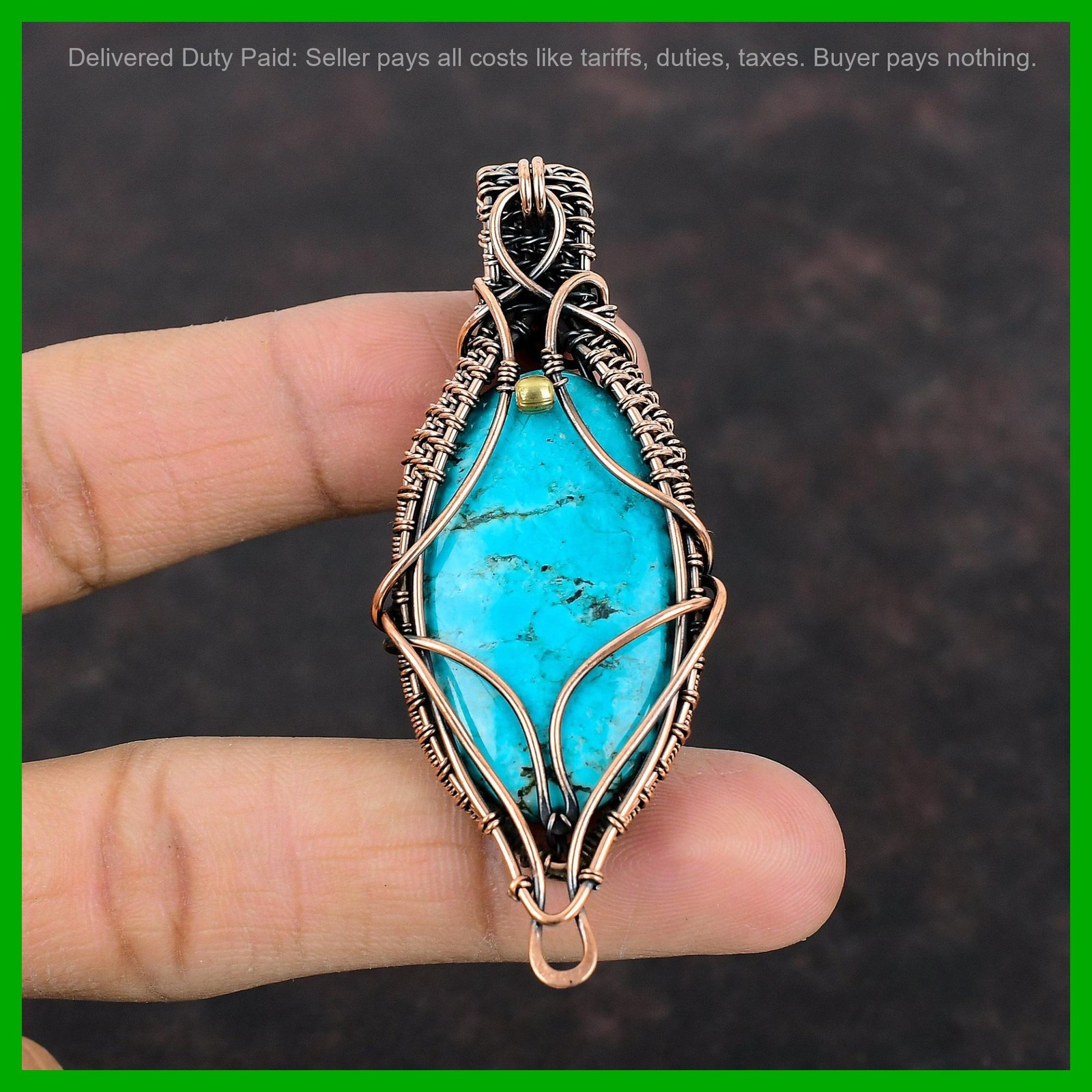 Copper Tibetan Turquoise Stone Handcrafted Sister Wire Wrapped Pendant Jewelry
