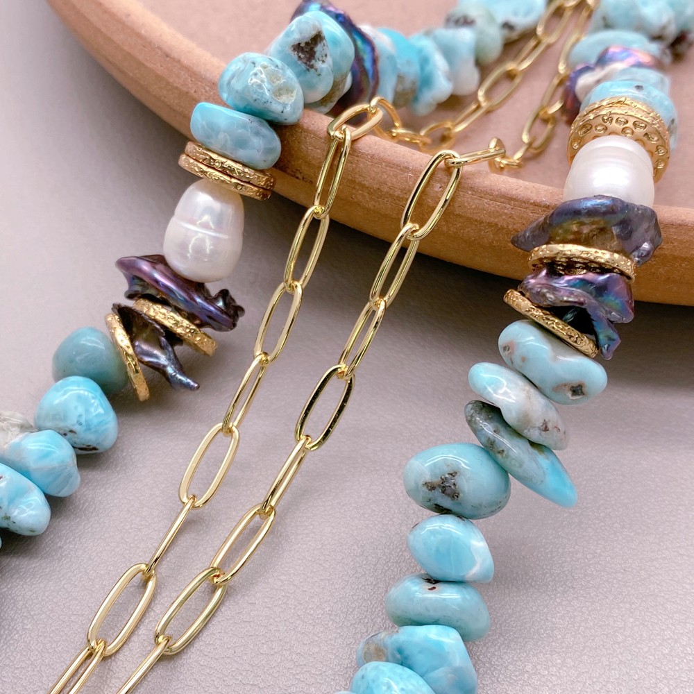 Blue Larimar Chain Choker Necklace White Sea Shell Black Baroque Pearl Pendant