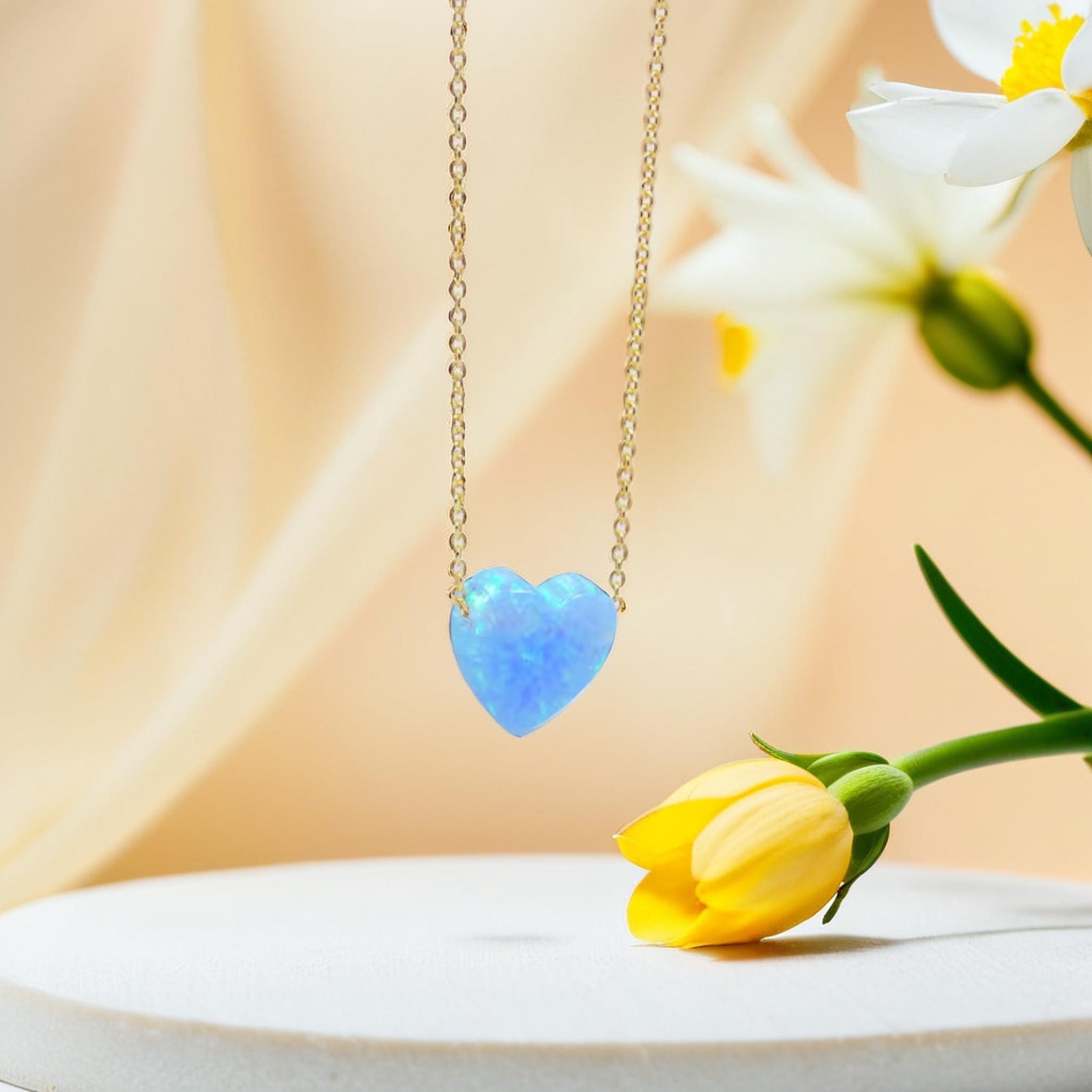 Heart Necklace Pendant Lab Created Opal 925 Sterling Silver Chain