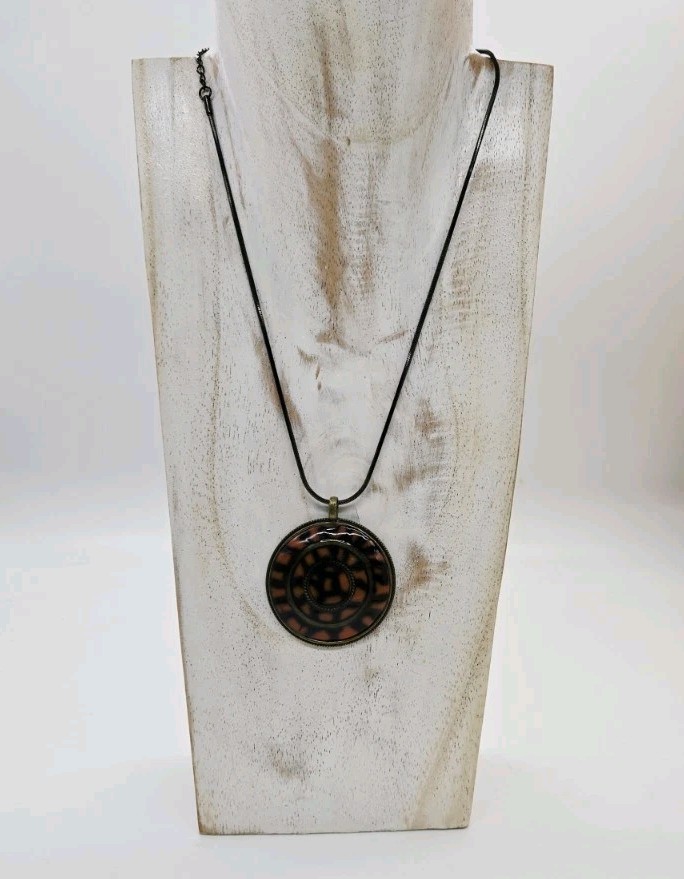 Black & Orange Multicolored enamel Medallion Pendant Necklace Art Deco 18 in