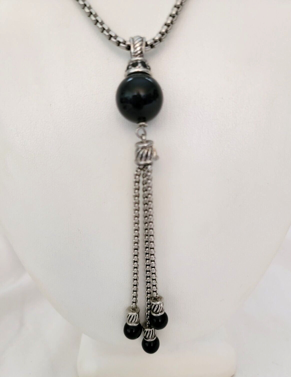 Lariat Style Dangle Tassel Black Beads Pendant Venetian Box Chain Necklace 18″ L
