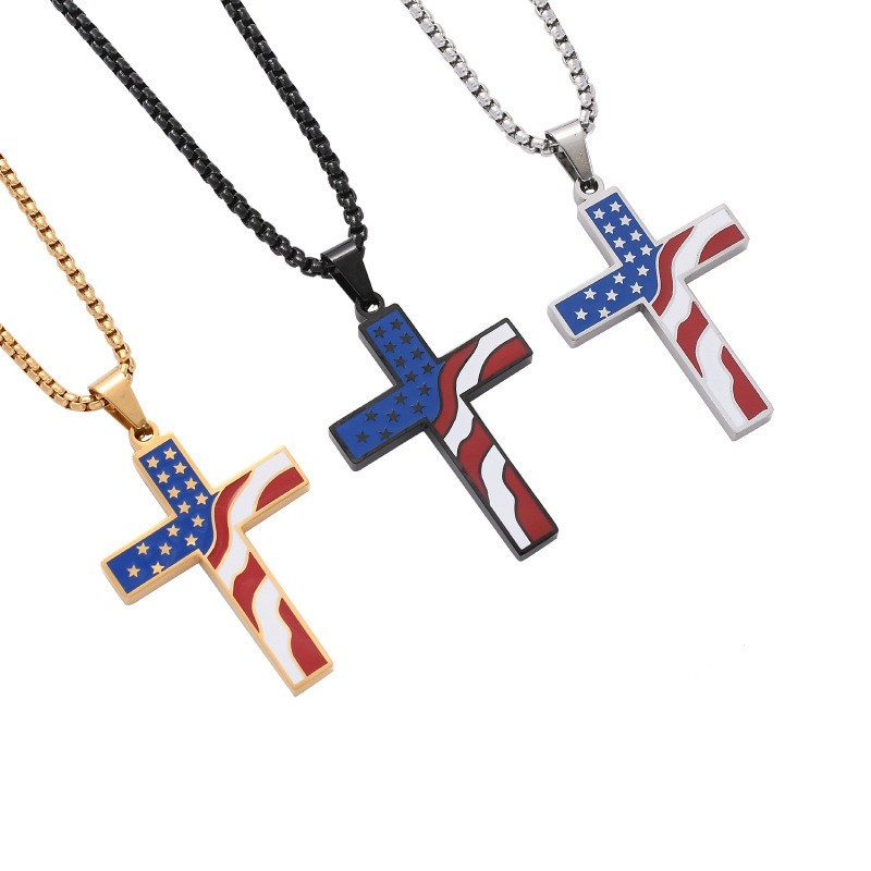 Stainless Steel Religious Christmas Enamel American Flag Cross Pendant Necklace