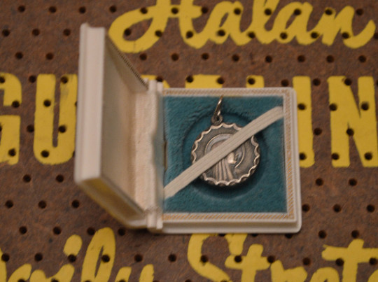 Small White and Gold Keepsake Jewelry Box with Silver Tone Religious Pendant
