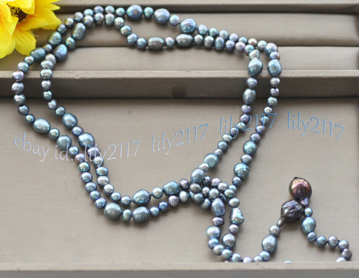 7-8mm 9-10mm Round Baroque Peacock Black Freshwater Keshi Pearl Necklace 50”