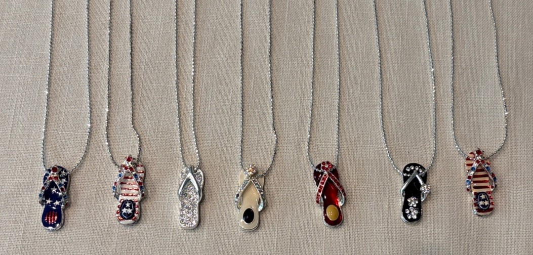 Silver Tone Rhinestone Flip Flop Necklaces Lot of 7 NEW in Lovely Gift Bags