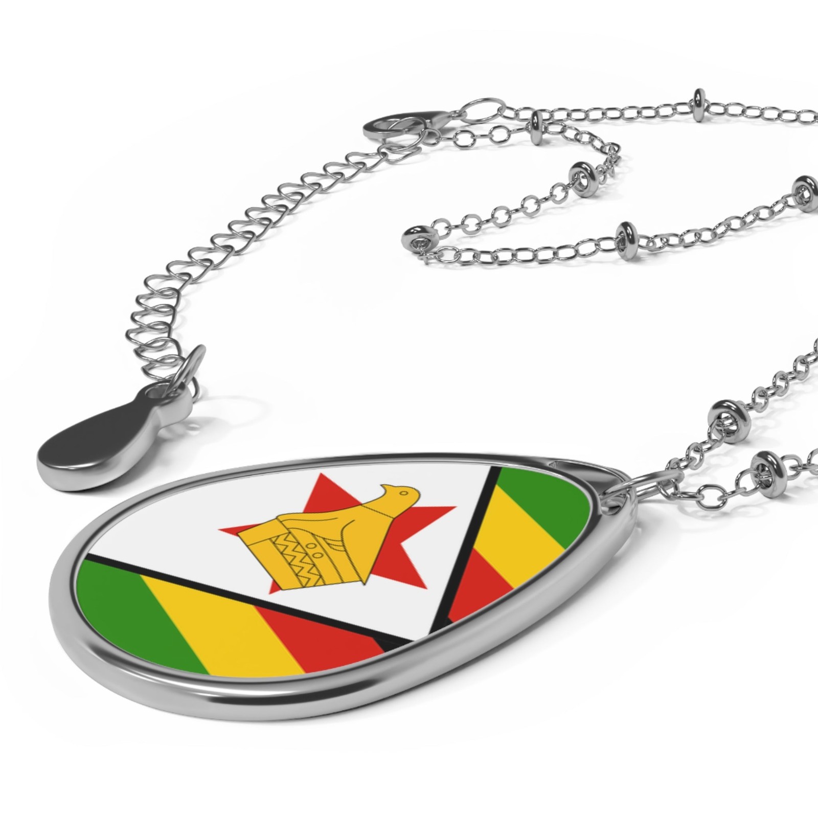 Zimbabwe Flag Oval Necklace – Patriotic Gift Pendant – One Size / Silver