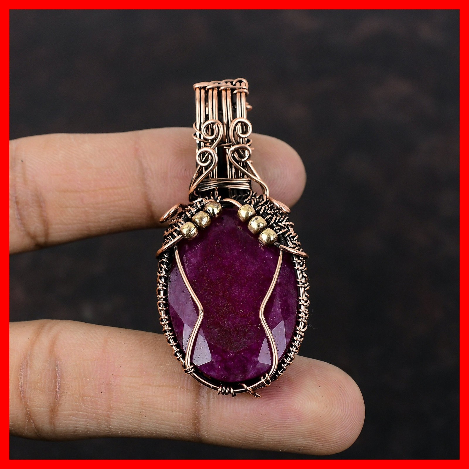 Kashmir Rubi Gemstone Engagement Artisan New Wire Wrapped Pendant Jewelry Copper