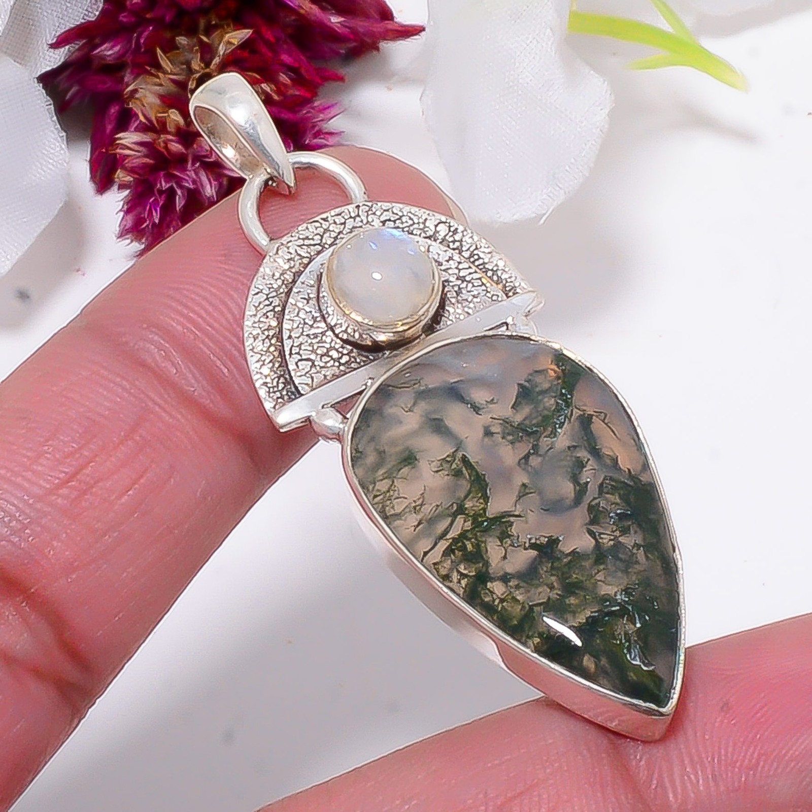 Moss Agate – India & Rainbow Moonstone 925 Sterling Silver Pendant 2.15″ Sku29