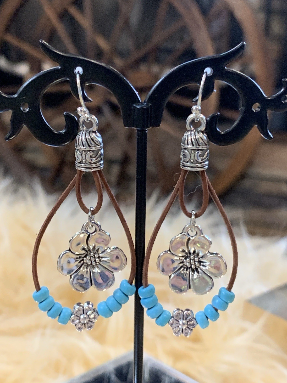 Boho Style Plum Blossom Pendant Earrings Double Layered With Turquoise Beads
