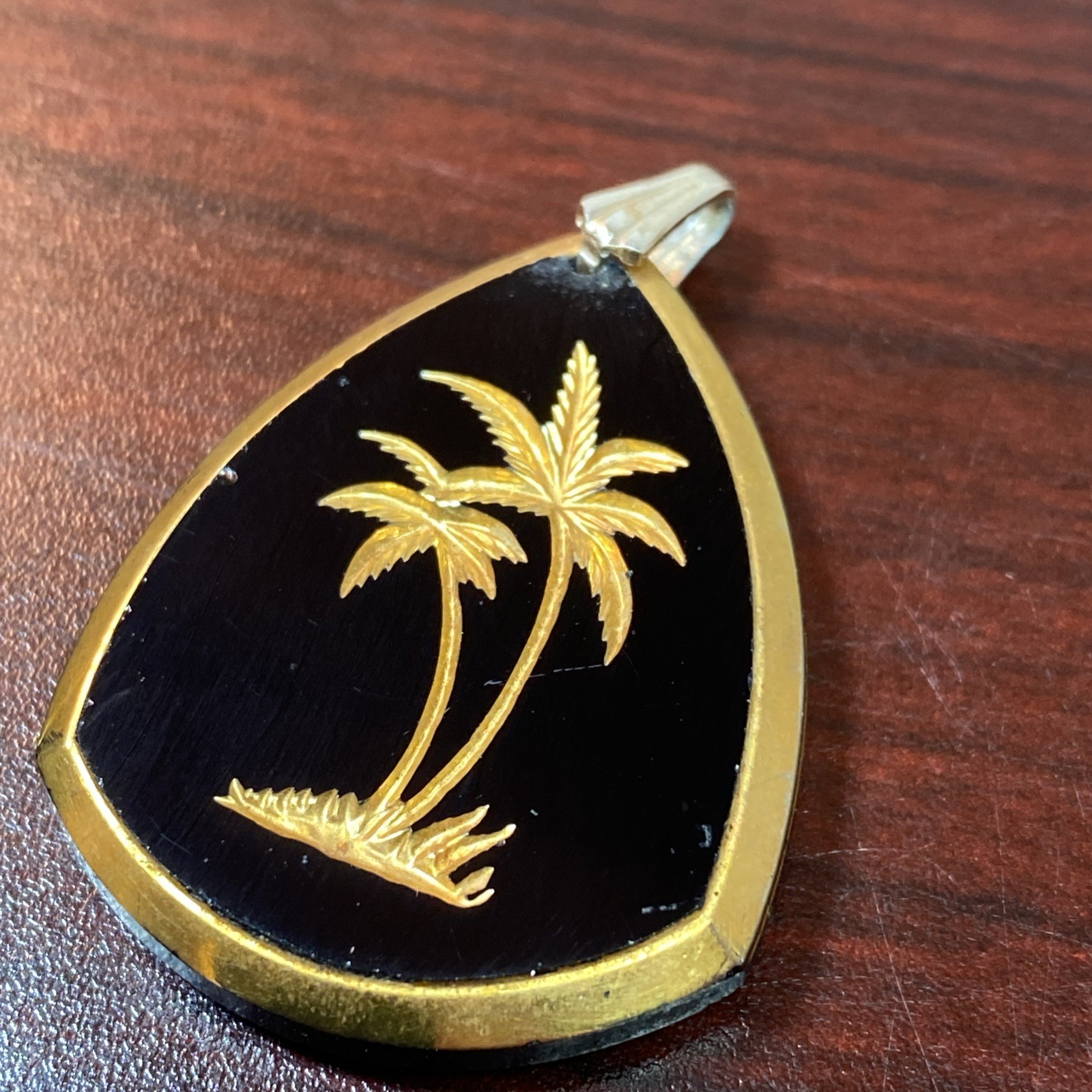 Vintage Golden Palm Trees Etched on Jet Black Glass Pendant Charm Germany 1.25”
