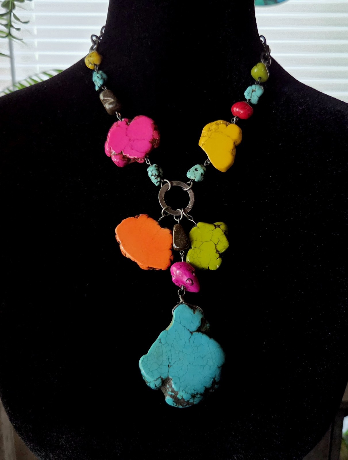 Vibrant Summer Long Howlite Chunky Statement Necklace Turquoise Color
