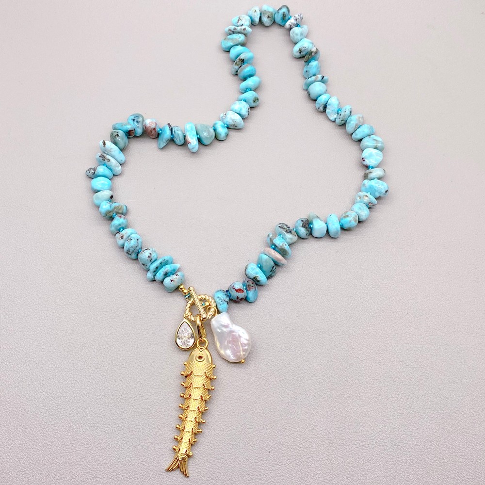 Blue Larimar Strand Necklace White Coin Pearl Fish Pendant Bohemia Jewelry