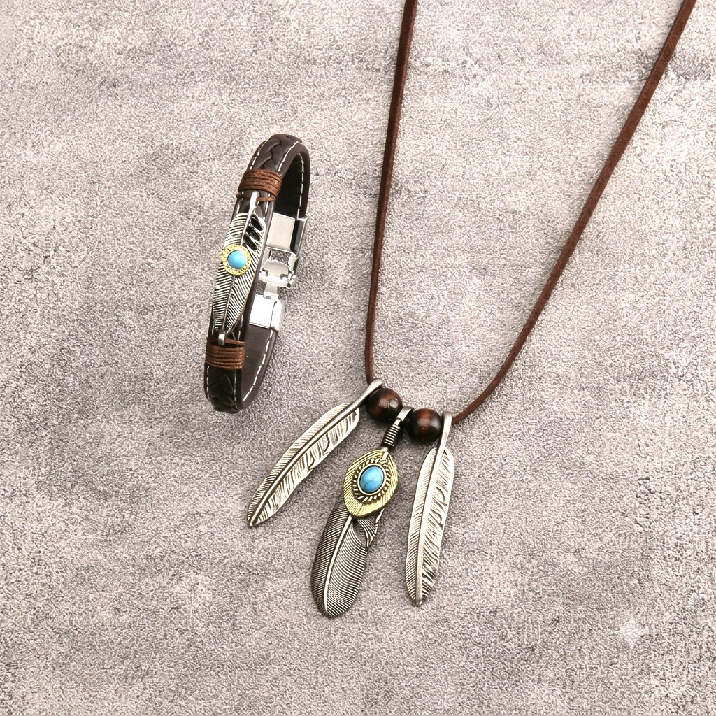 2pcs Niche Feather, Necklace Bracelet Hip Hop Ethnic Retro Style Unisex Jewelry