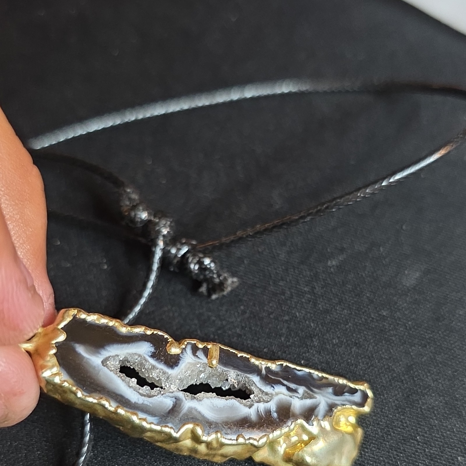 Natural Agate Druzy Geode Slice Rectangle Charm Pendant Necklace Black Cord