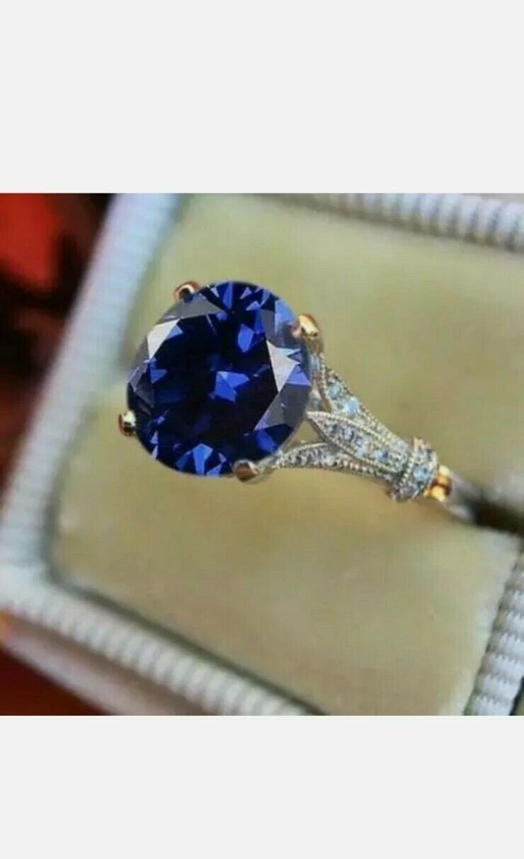 3.20 Ct Round Natural Sapphire Diamond Ring 14K Solid White Gold
