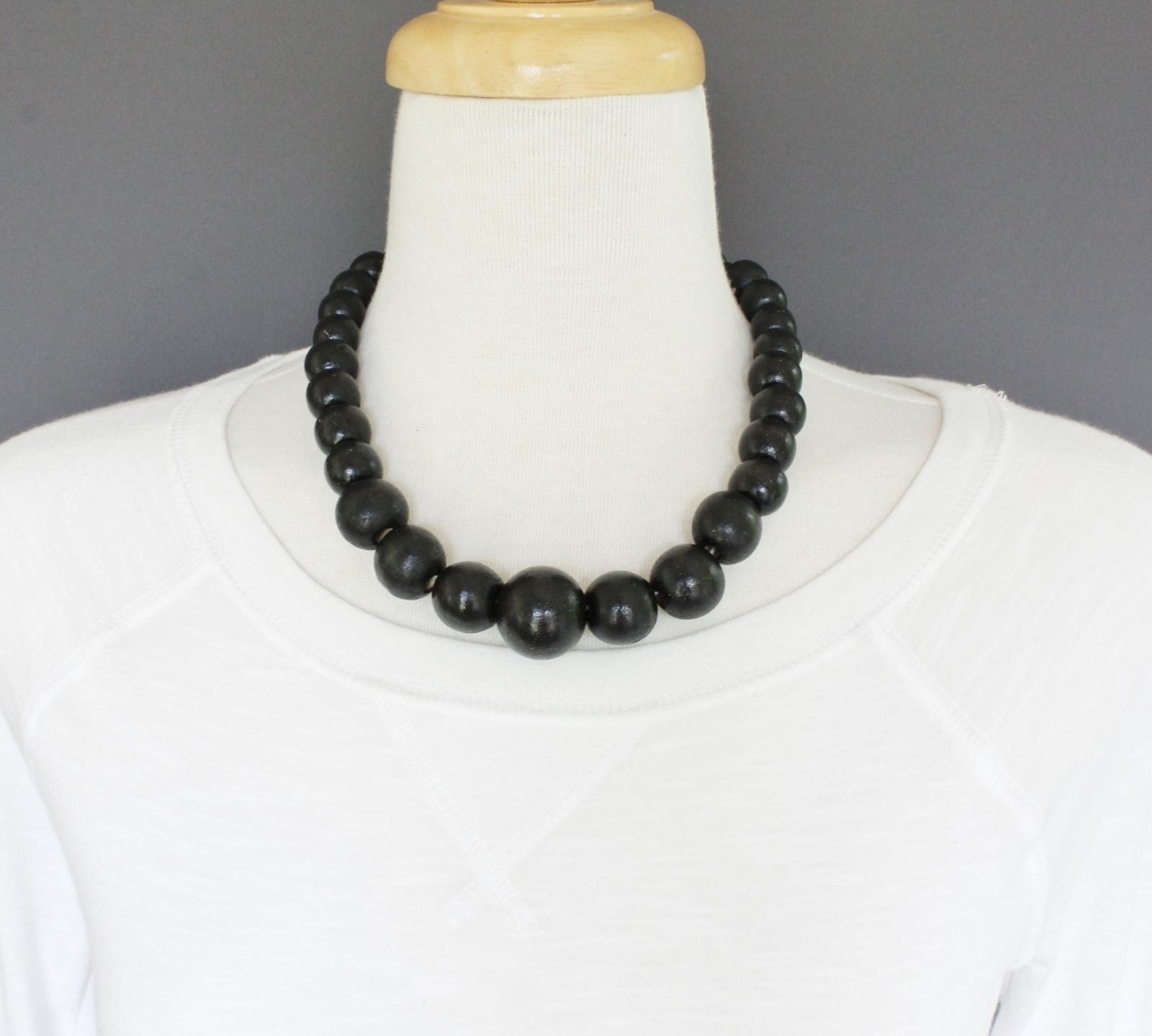 Black wood necklace bead big chunky bead 18-20″ long necklace beaded wooden