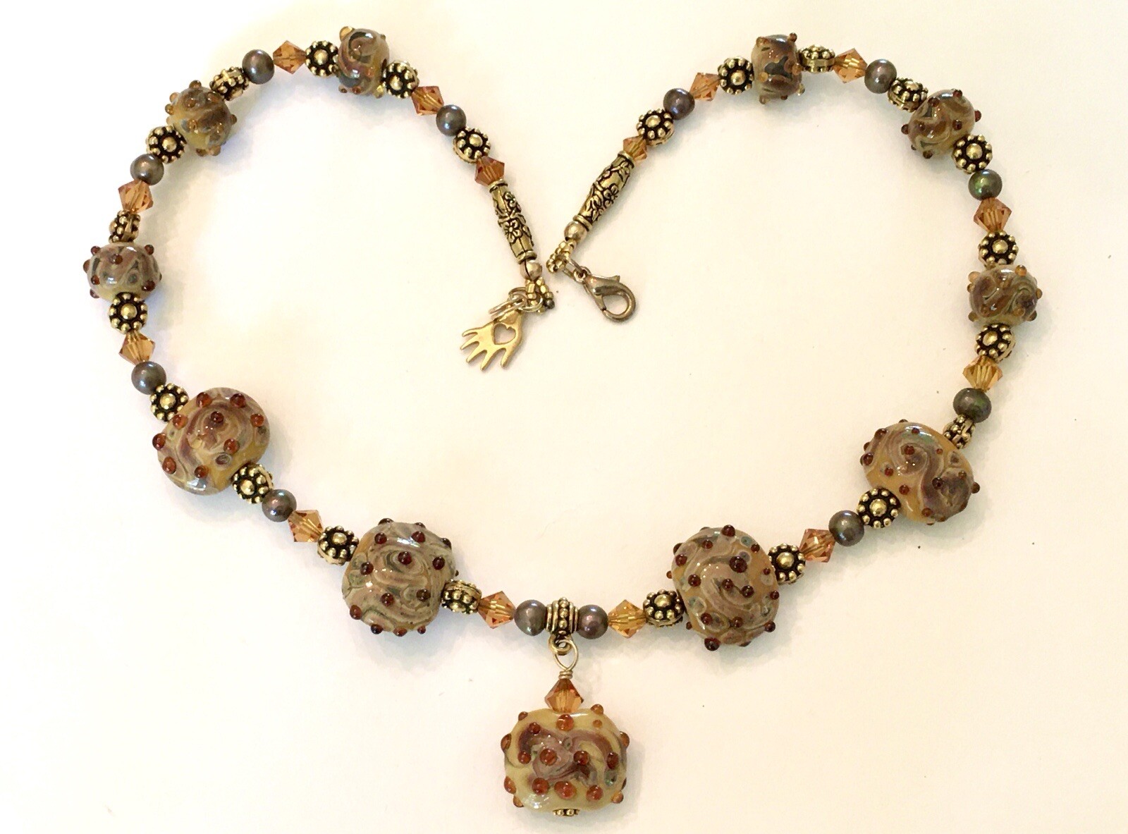 Designer Lampwork Art Glass Bead ~ Swarovski Crystal ~ FW Pearl ~ 18” Necklace