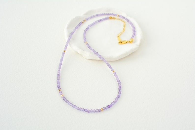 Dainty Amethyst Faceted Round Gemstone Gold Filled Beads Handmade Necklace 18”