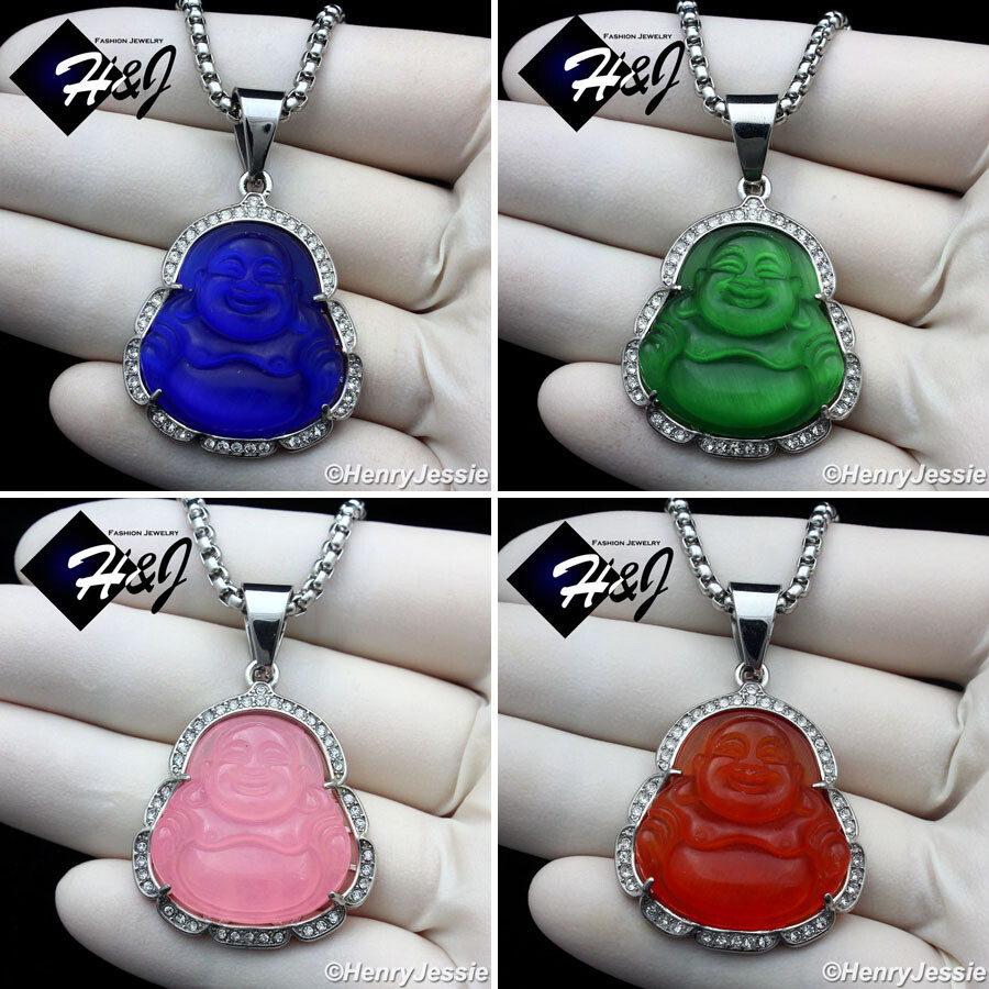 18-36″Stainless Steel 3mm Silver/Gold Plated Box Chain BUDDHA Rhinestone Pendant